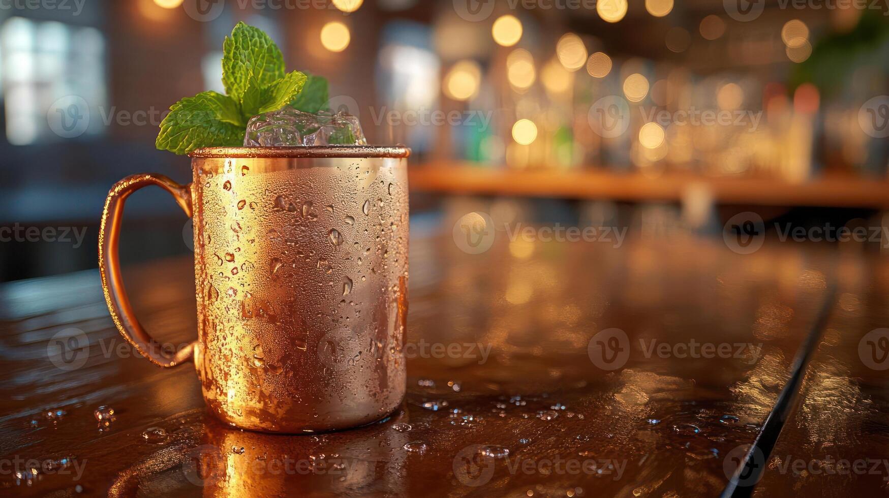Refreshing copper mug cocktail with mint and ice. photo
