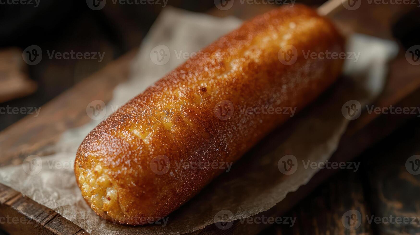 Delicious corndog on a stick, ready to eat. photo