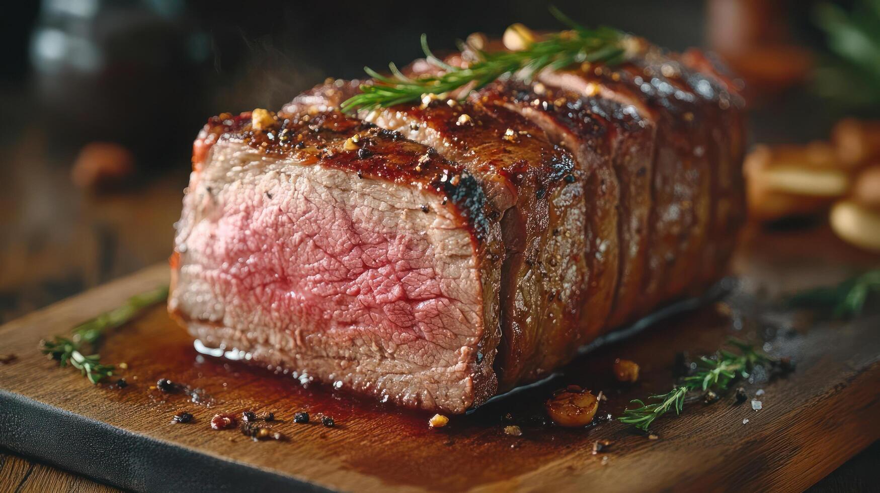 Seared steak on a wooden board with herbs and spices. photo