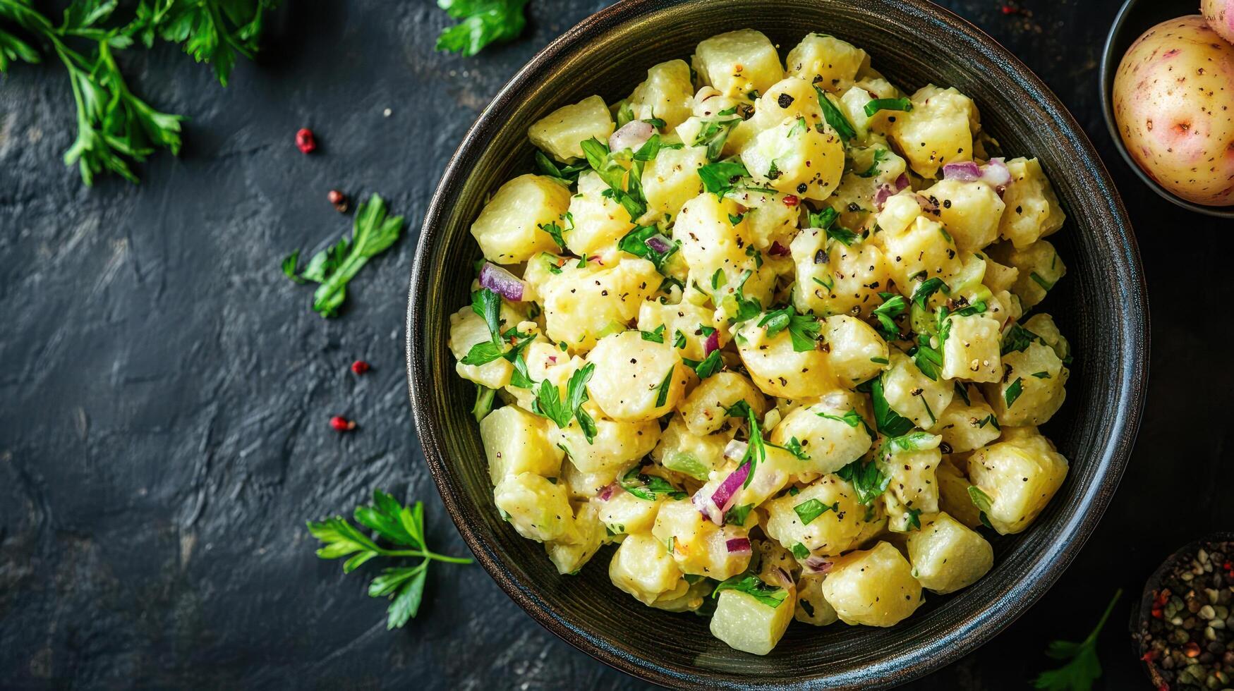 Herbed potato salad in a bowl, top-down view. photo