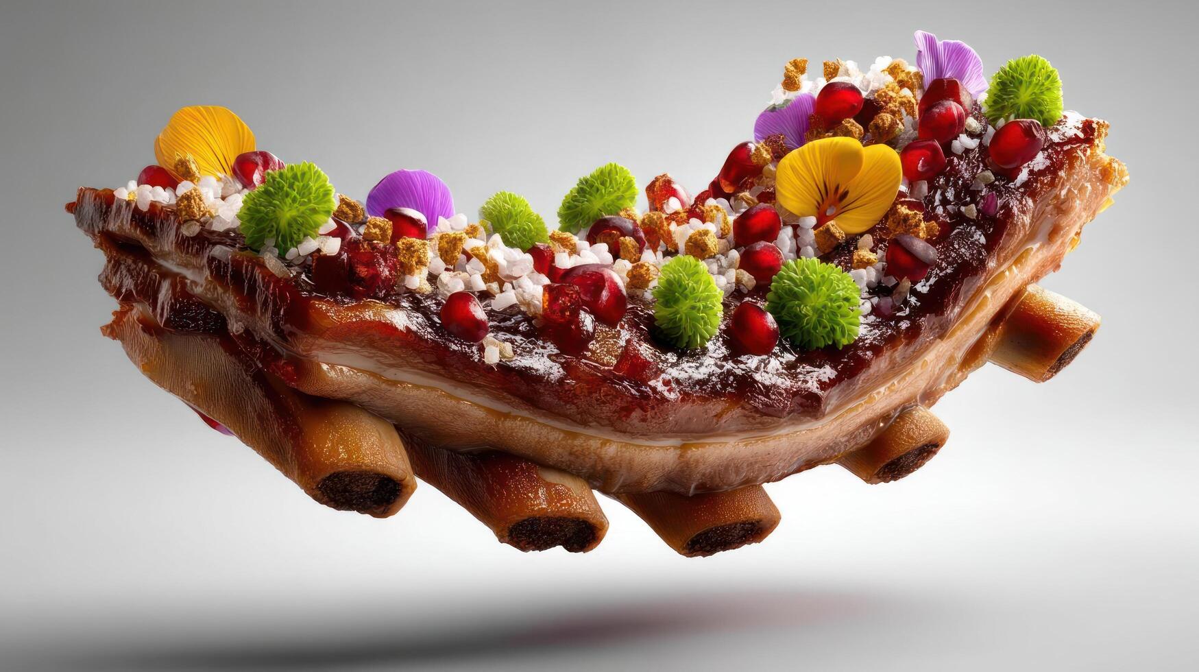 Grilled ribs decorated with colorful edible flowers and toppings. photo