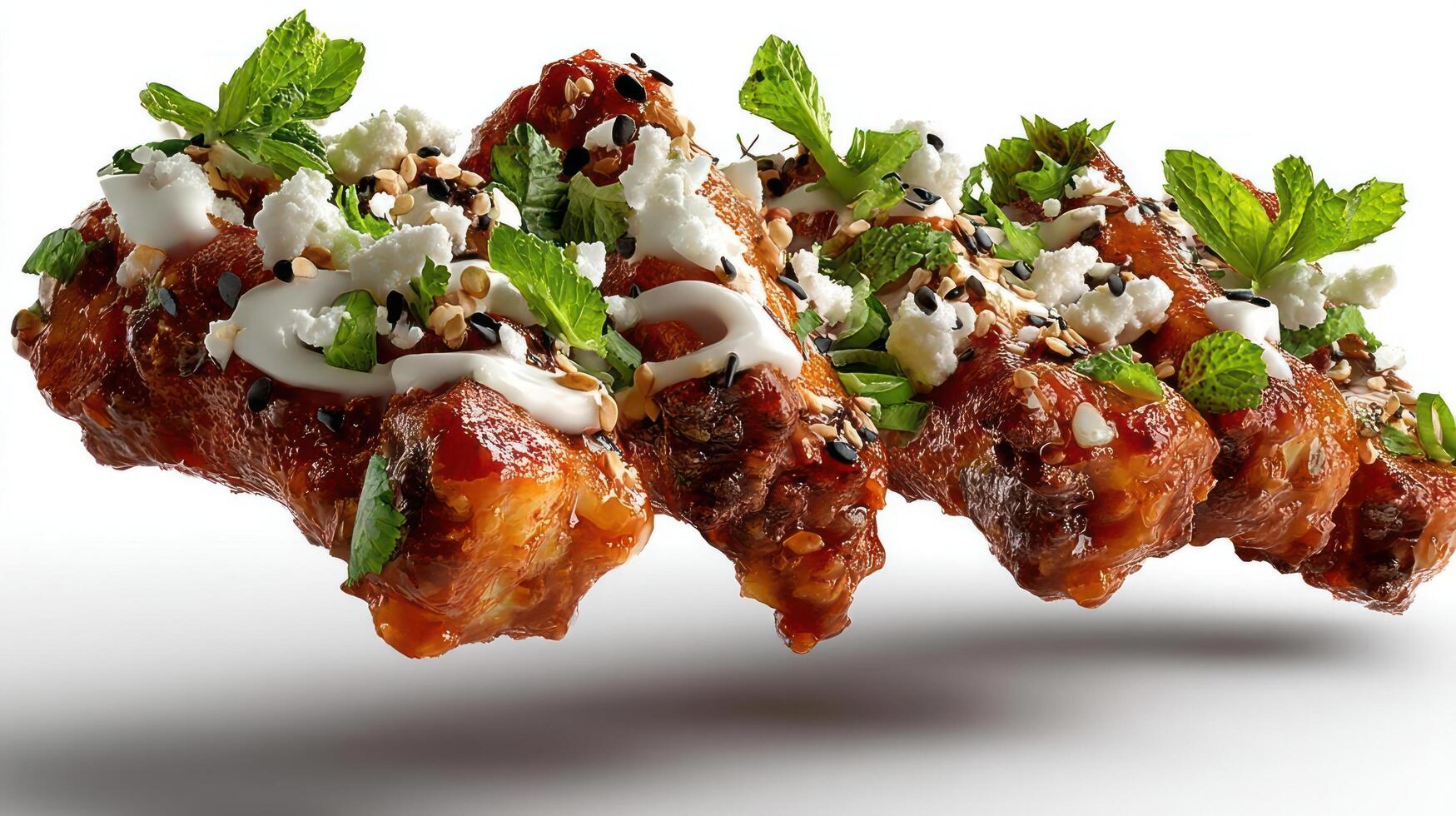 Spicy chicken wings with mint, sesame seeds, and creamy sauce. photo