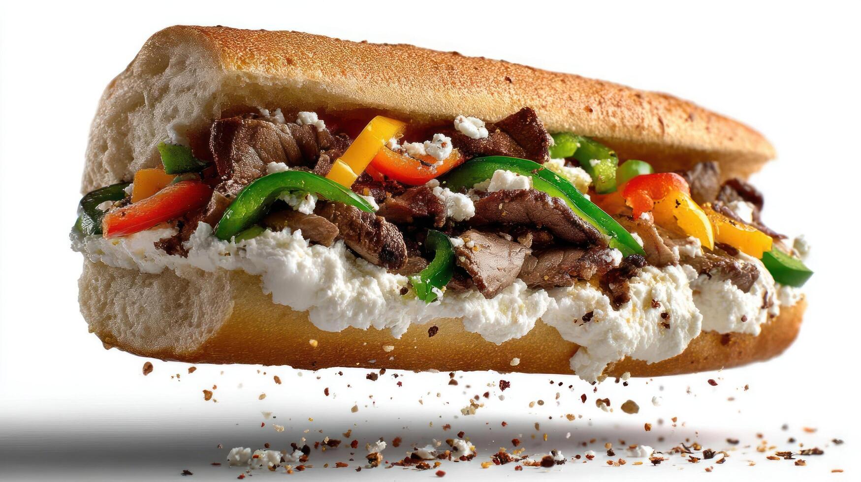 Delicious steak sandwich with peppers and creamy sauce. photo