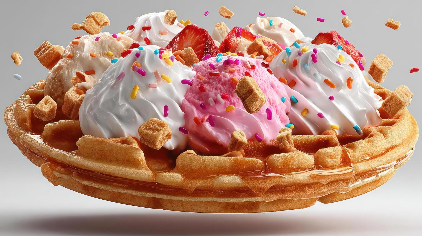 Delicious waffle with ice cream, strawberries, and toppings. photo