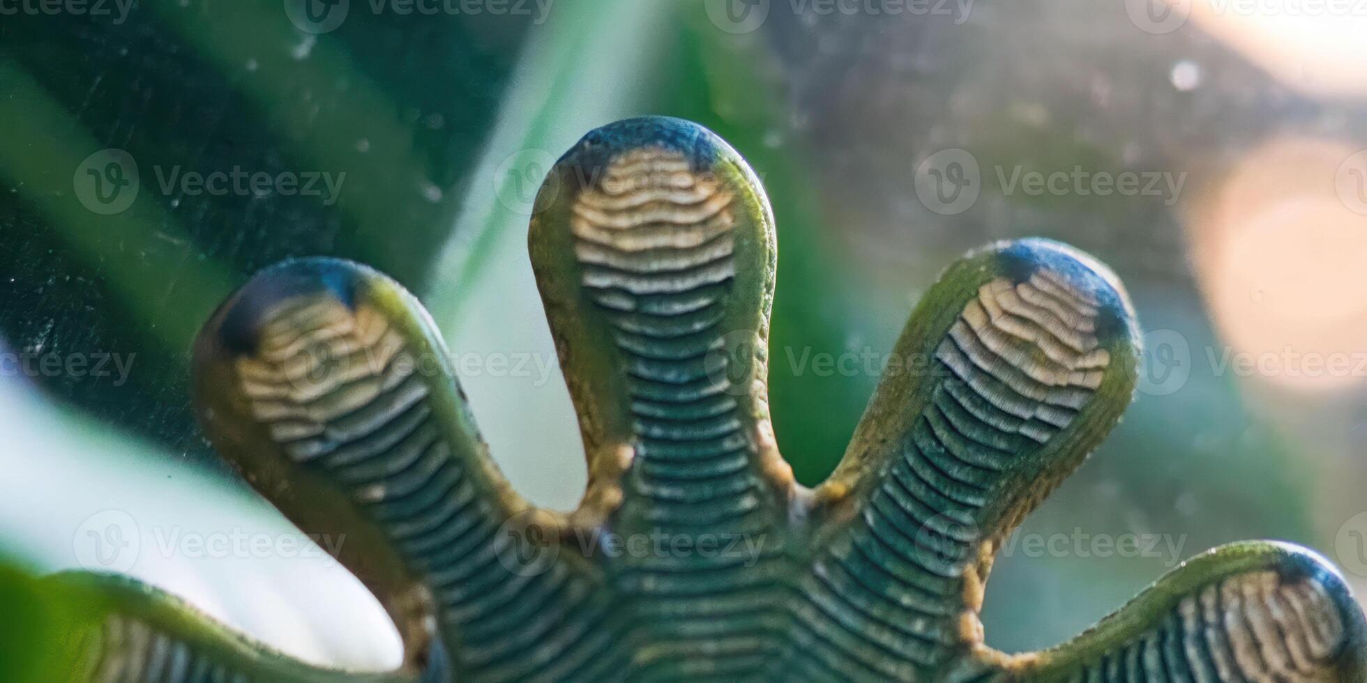 Macro image of a gecko's foot on a clear surface highlighting unique toe pads in a natural setting photo