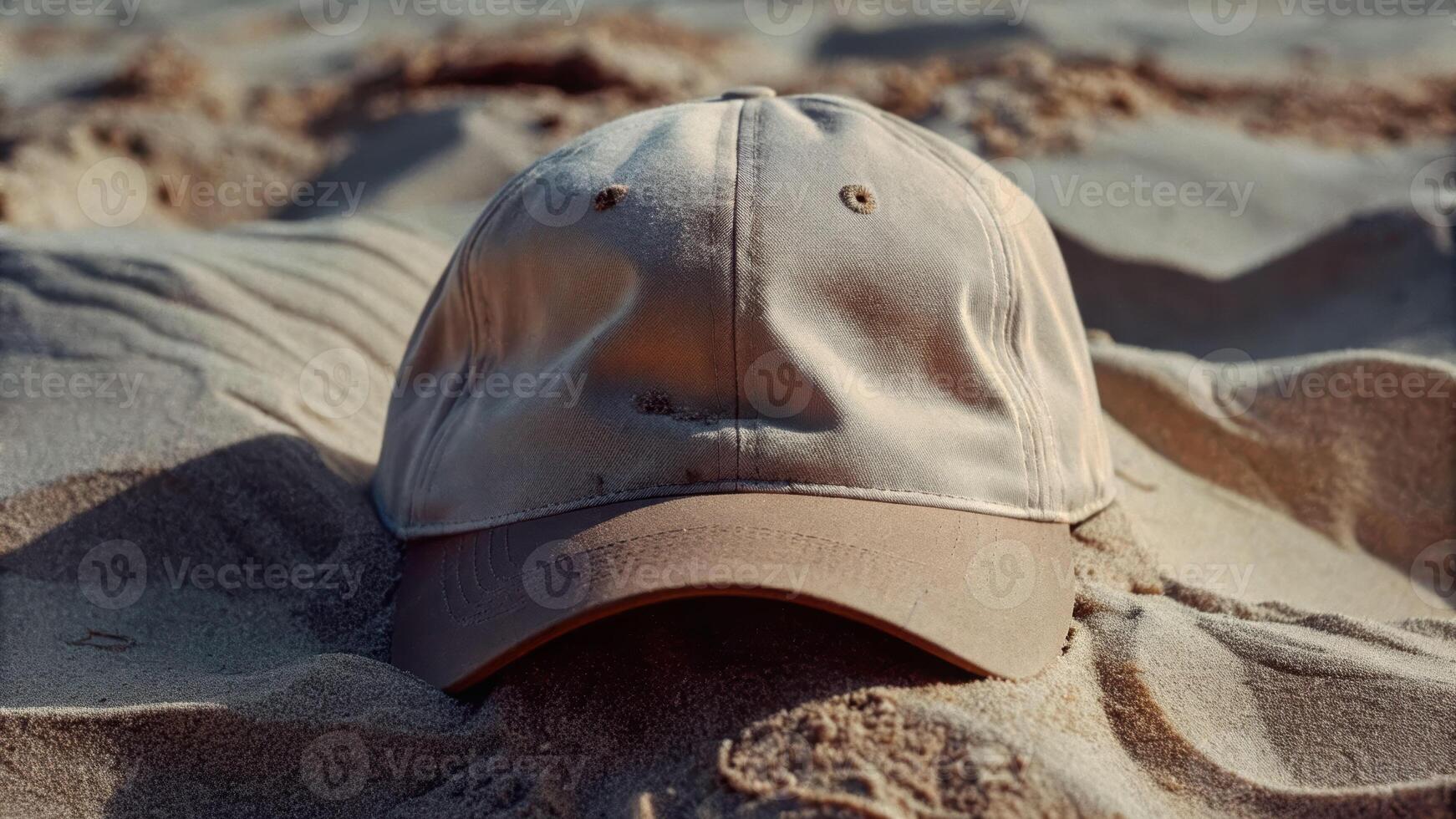 Solitary cap on sunlit dunes textured sand patterns evoking solitude in nature photo