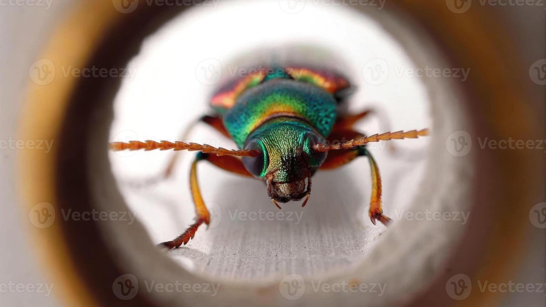 Macro shot of a sci-fi alien insect on reflective surface featuring iridescent exoskeleton and bioluminescent antennae photo