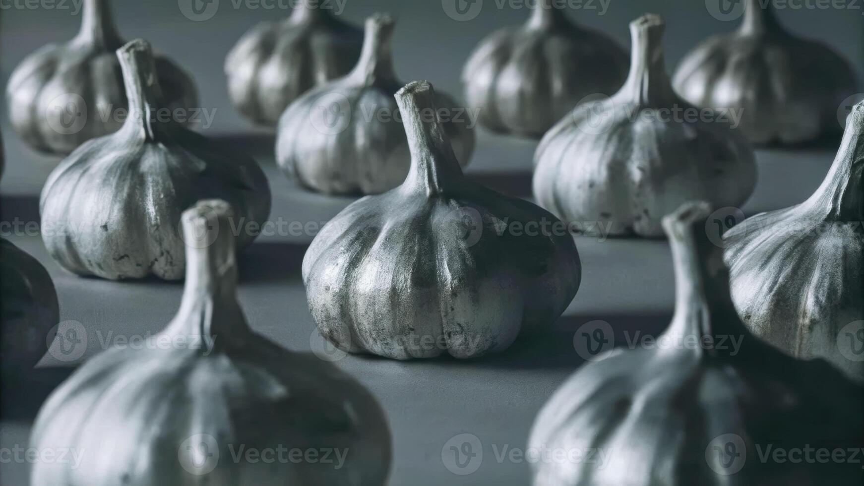 Artistic exploration of silver garlic heads in a grid layout neutral gray background conceptual photography photo