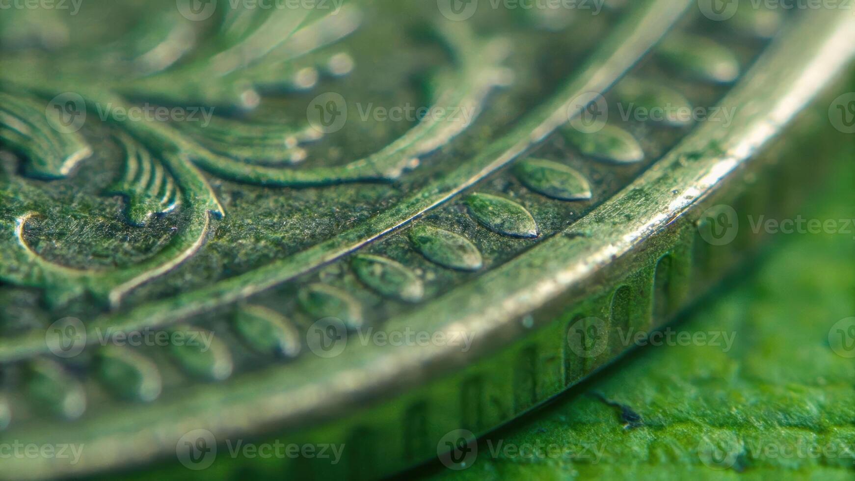 Macro detail of antique coin engravings emphasizing historical value in nature's green environment photo