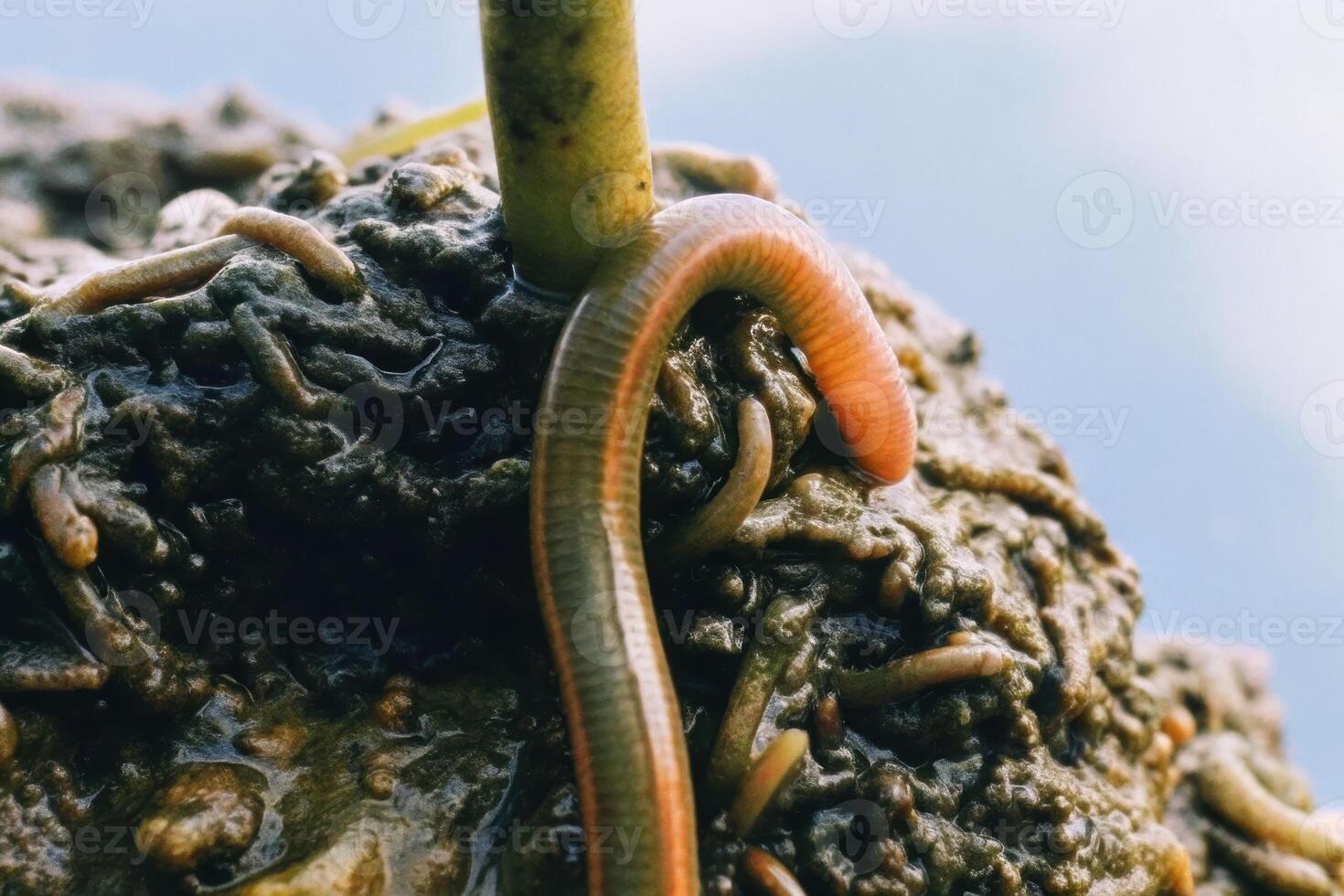 Closeup of a leech on soil with earthworms wet environment nature concept macro view photo