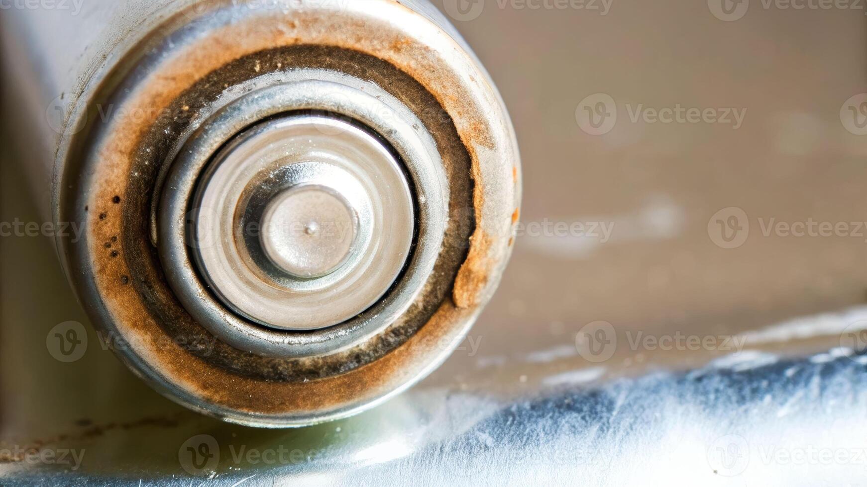 Corroded aa battery in wet puddle on metal surface closeup shot industrial environment macro photography photo