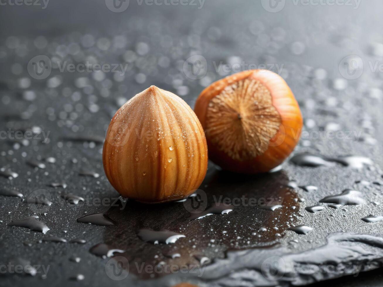 Wet hazelnuts still life on slate slab with mist captured in natural light for food photography photo