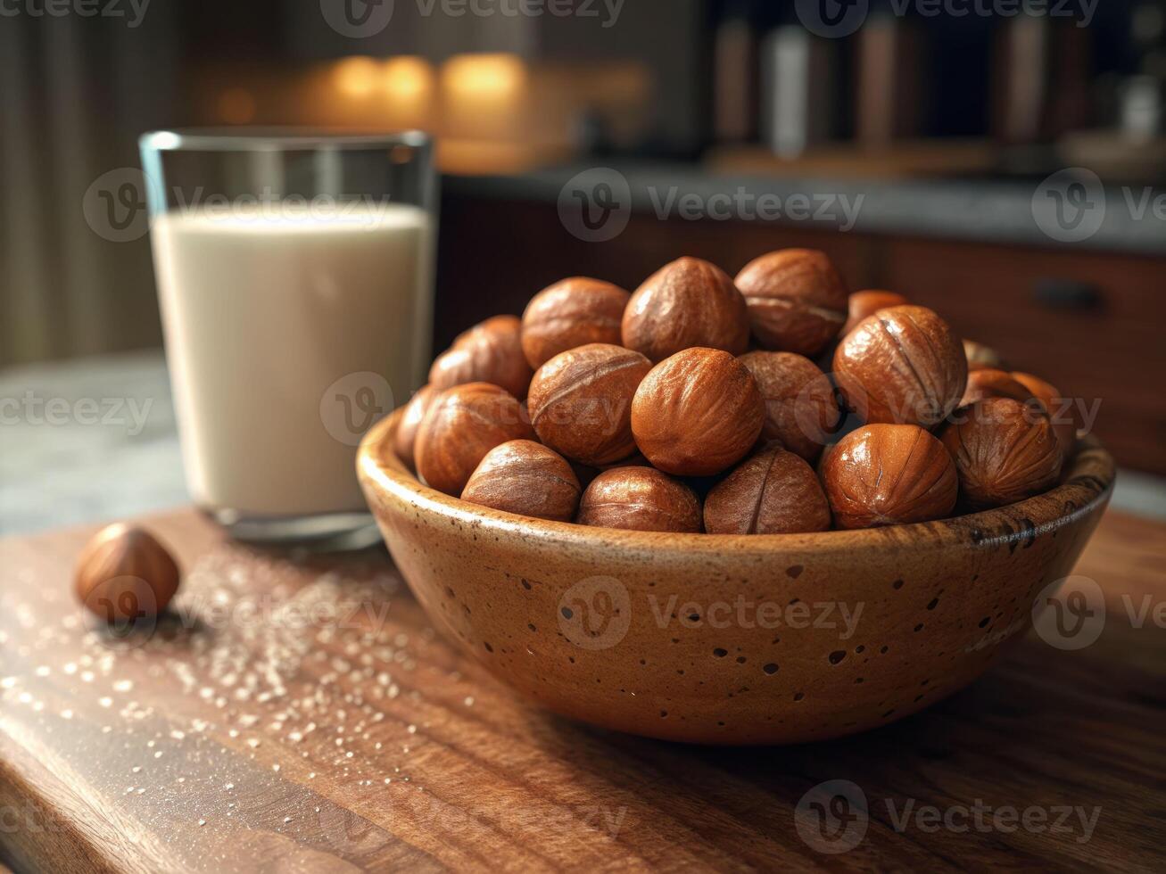 Wet hazelnuts in rustic ceramic bowl next to glass of hazelnut milk in cozy kitchen setting photo