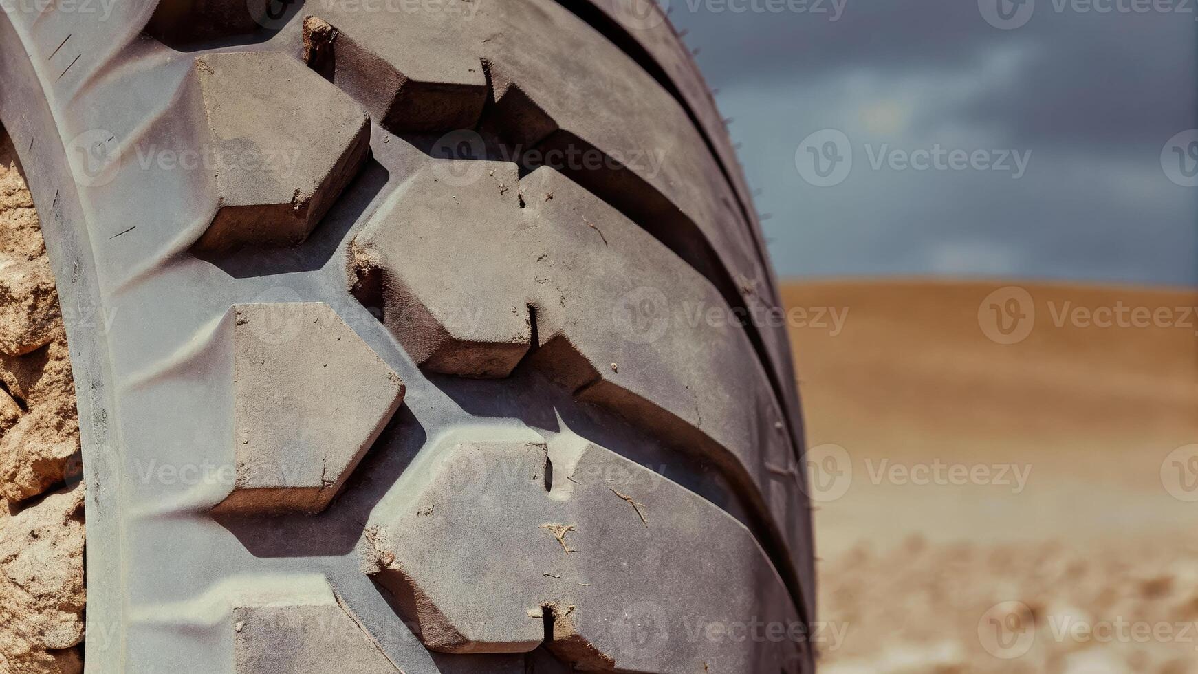 Low-angle shot of a rock embedded in a truck tire desert landscape photography dramatic environment photo