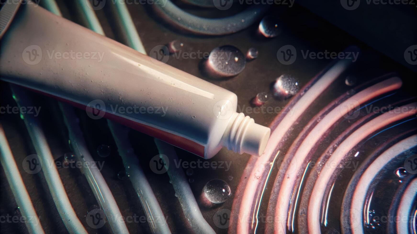 Creative toothpaste with water beads on glass artistic swirl minimalistic design wet surface perspective photo