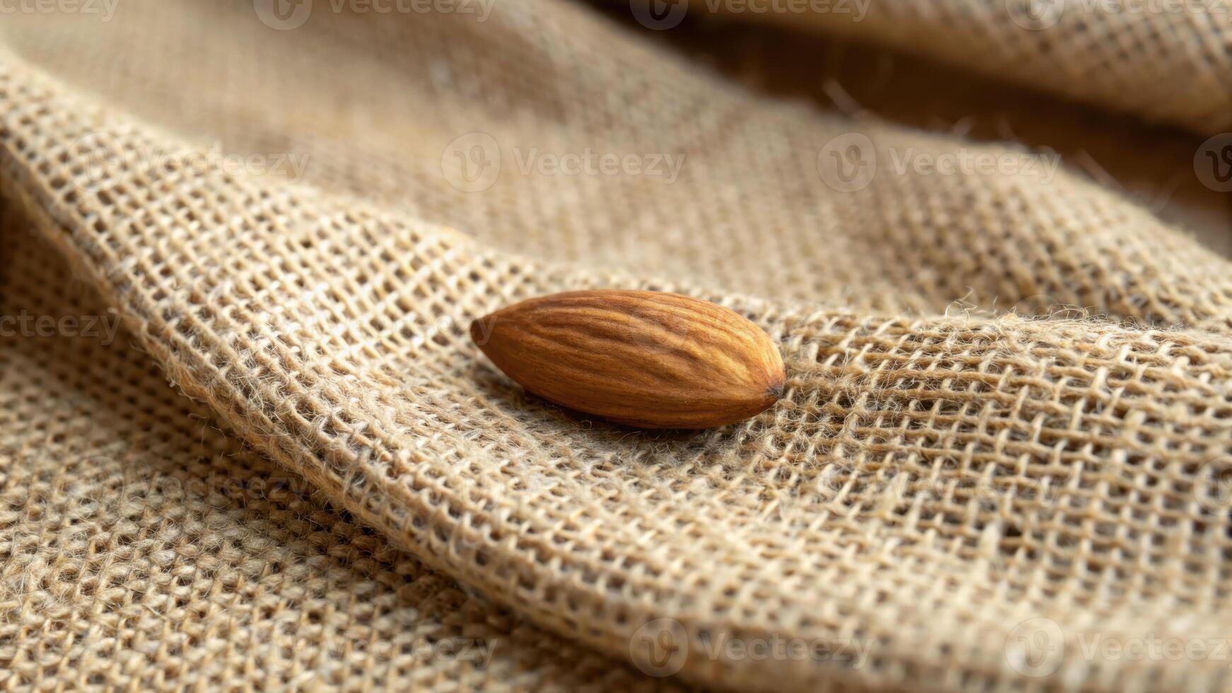 Closeup of a single almond on burlap fabric creating a warm organic feel in nature food photography photo