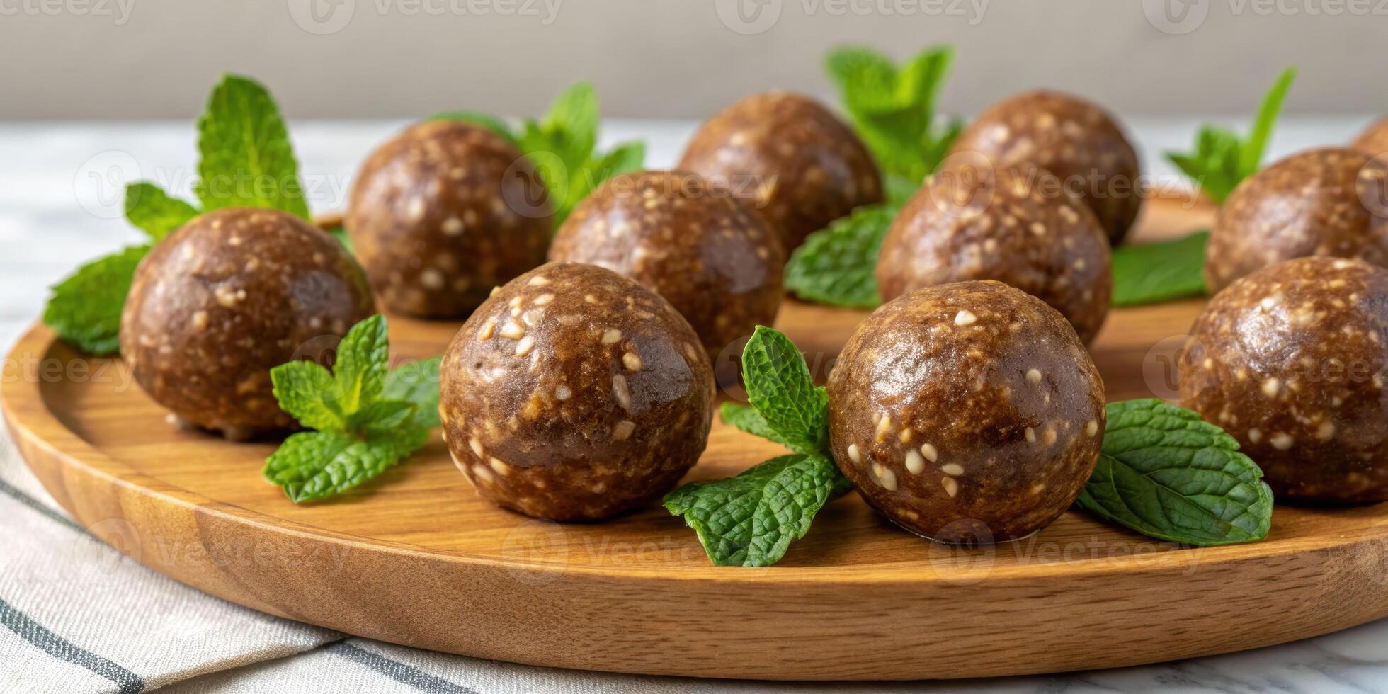 Nutritious peanut mint energy balls on wooden platter soft natural lighting garnished with fresh mint photo
