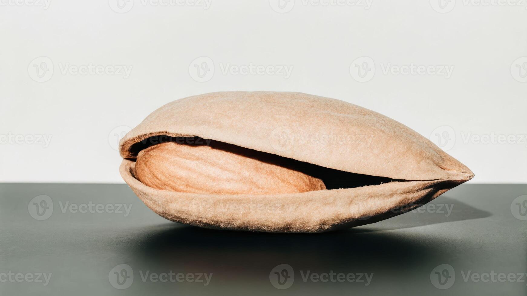 Studio shot of a single almond cracked open neutral background close-up food photography minimalistic environment photo