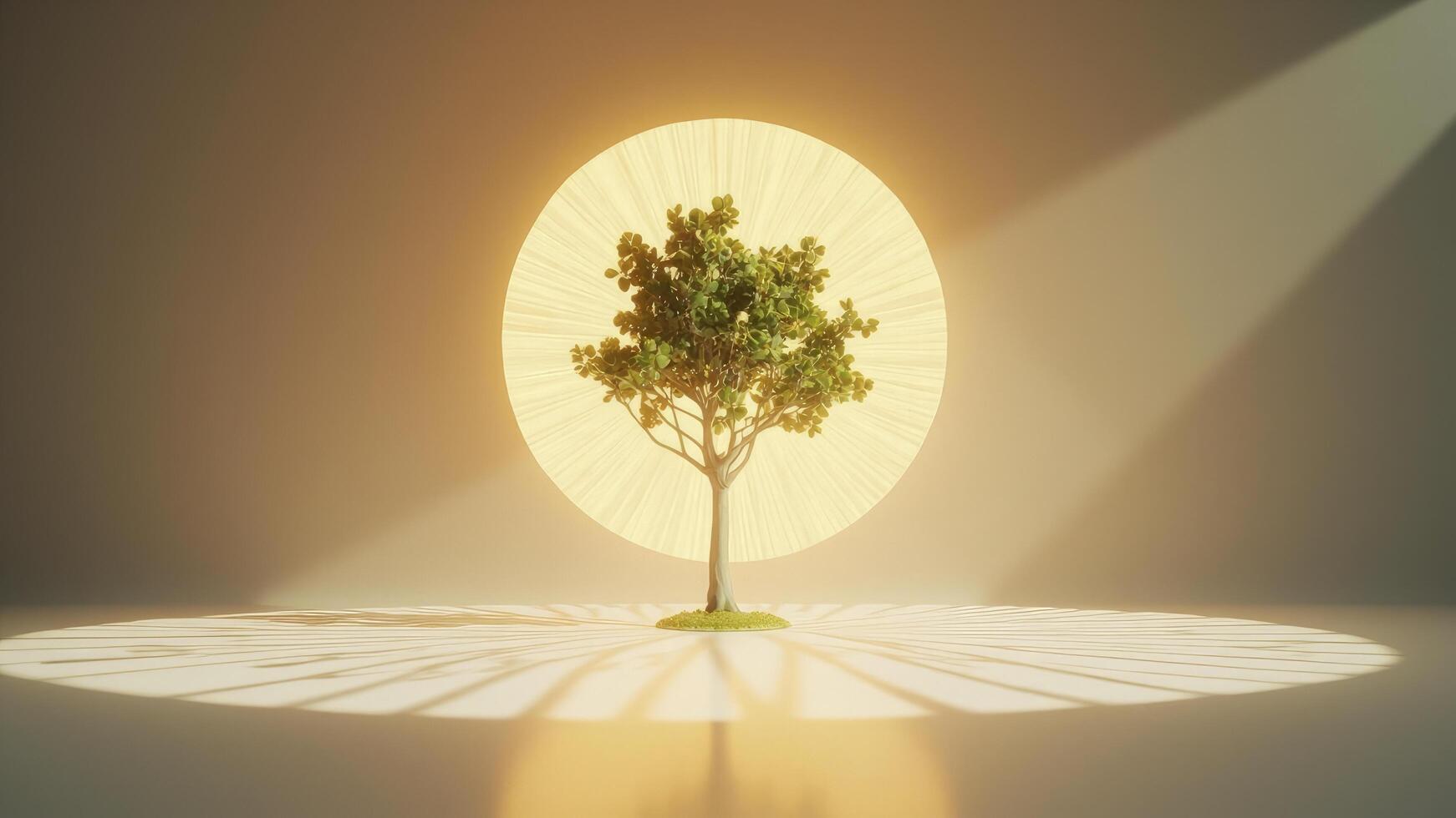 Symbolic image of a tree illuminated by light within a circular backdrop with shadows photo