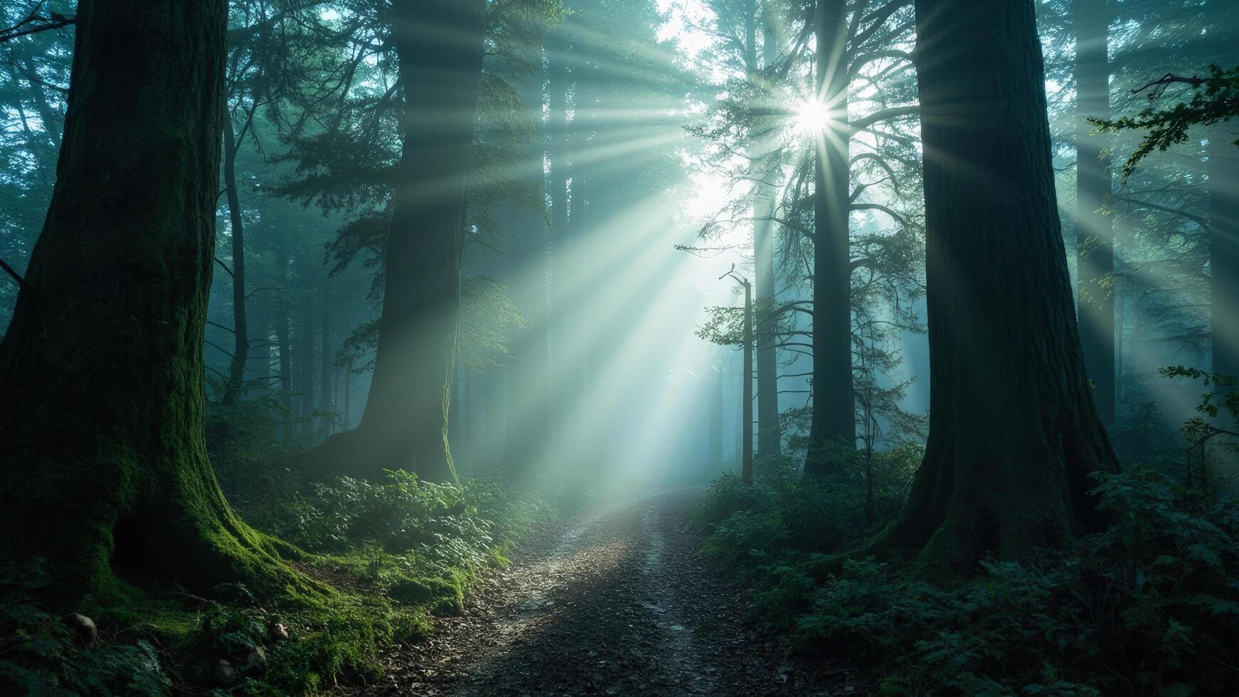 Enchanting forest path basking in sunlight through a dense canopy of trees illuminating tranquil landscape photo