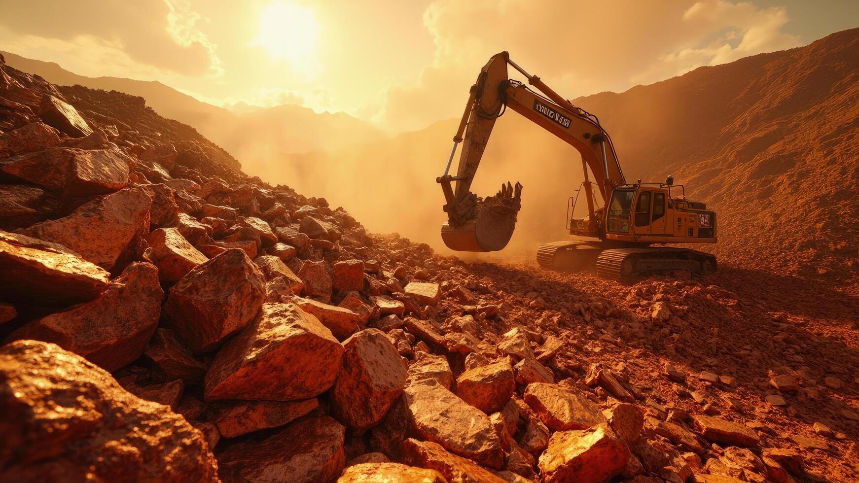 An excavator operates in a quarry environment surrounded by rocks and mountains in a dusty golden hour sunlight scene photo