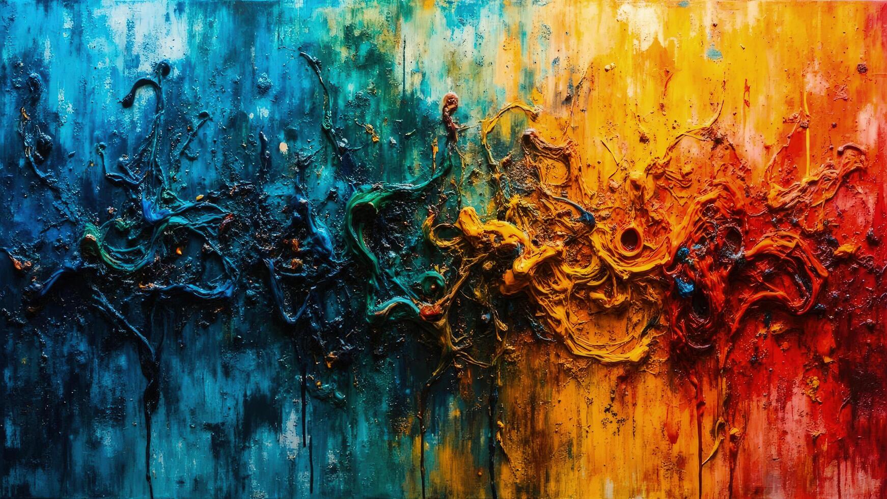Vibrant abstract textured artwork featuring bold strokes and a rich palette of deep blues greens oranges and fiery reds photo