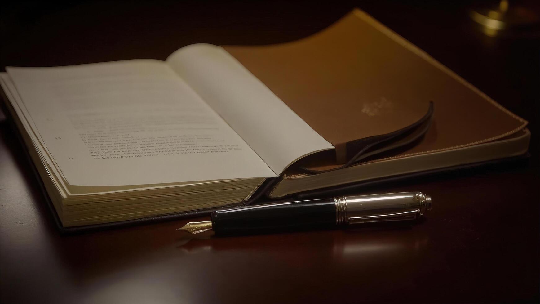 Elegant fountain pen resting on an open notebook and leather bound journal on a dark wooden surface photo