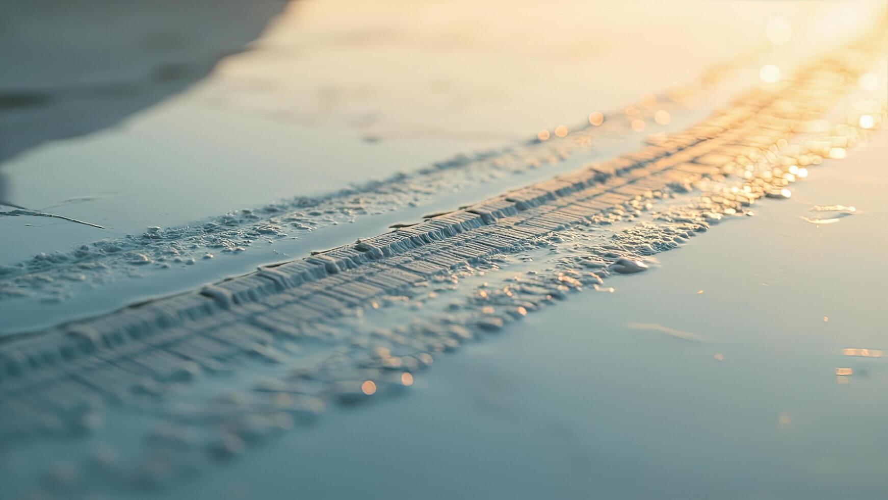 Tire tracks impression left on a wet surface capturing the golden hour light photo