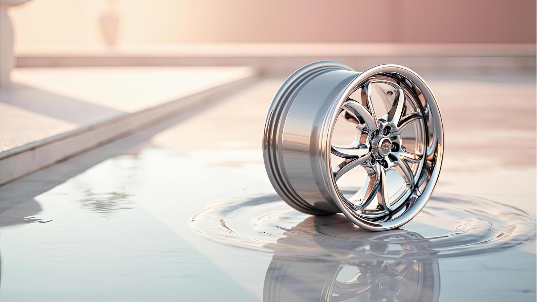 A shiny chrome car wheel displayed with subtle reflections on a textured surface photo