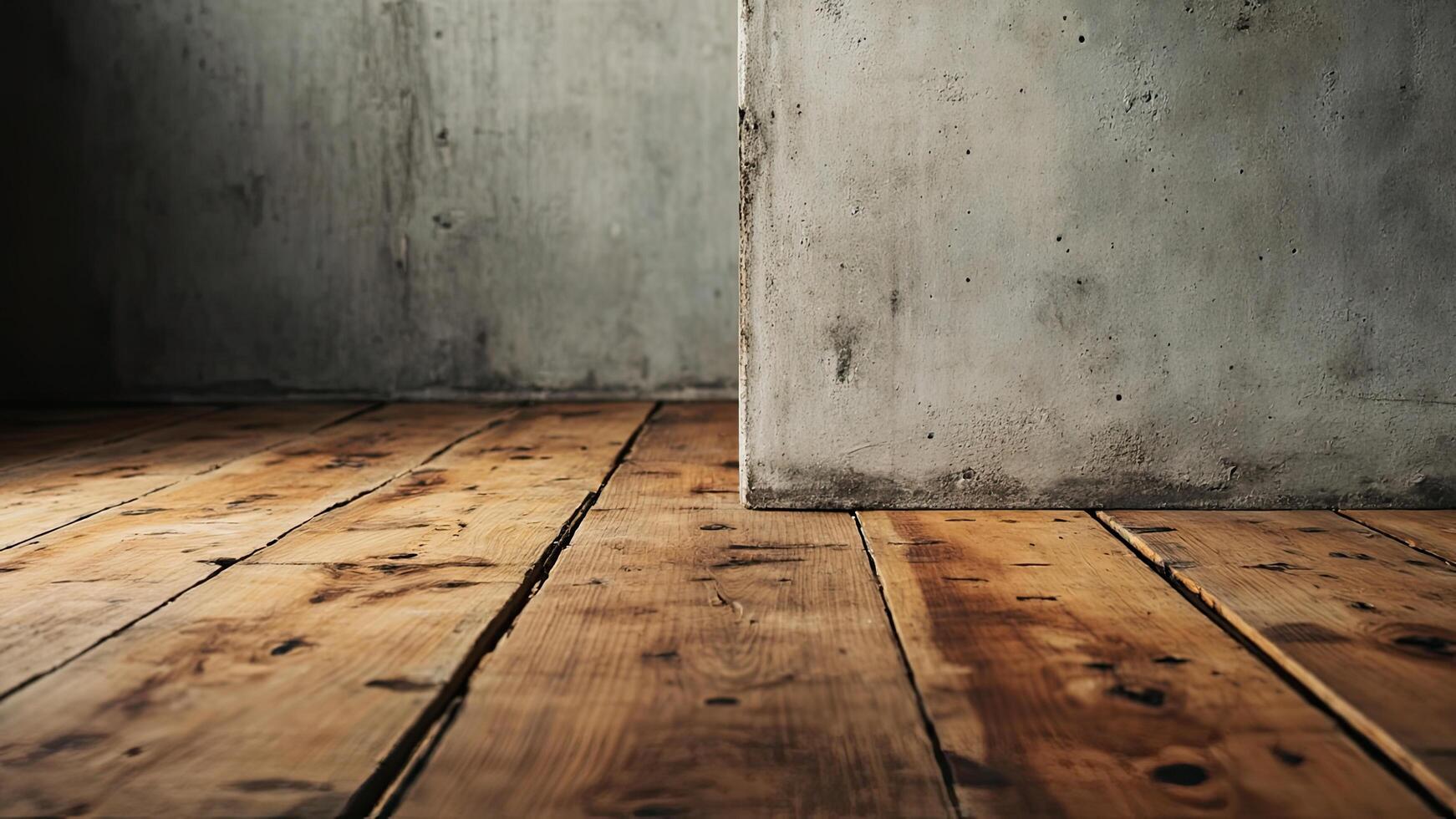 Rustic wooden floor and textured concrete wall with ambient lighting and shadows for backgrounds photo