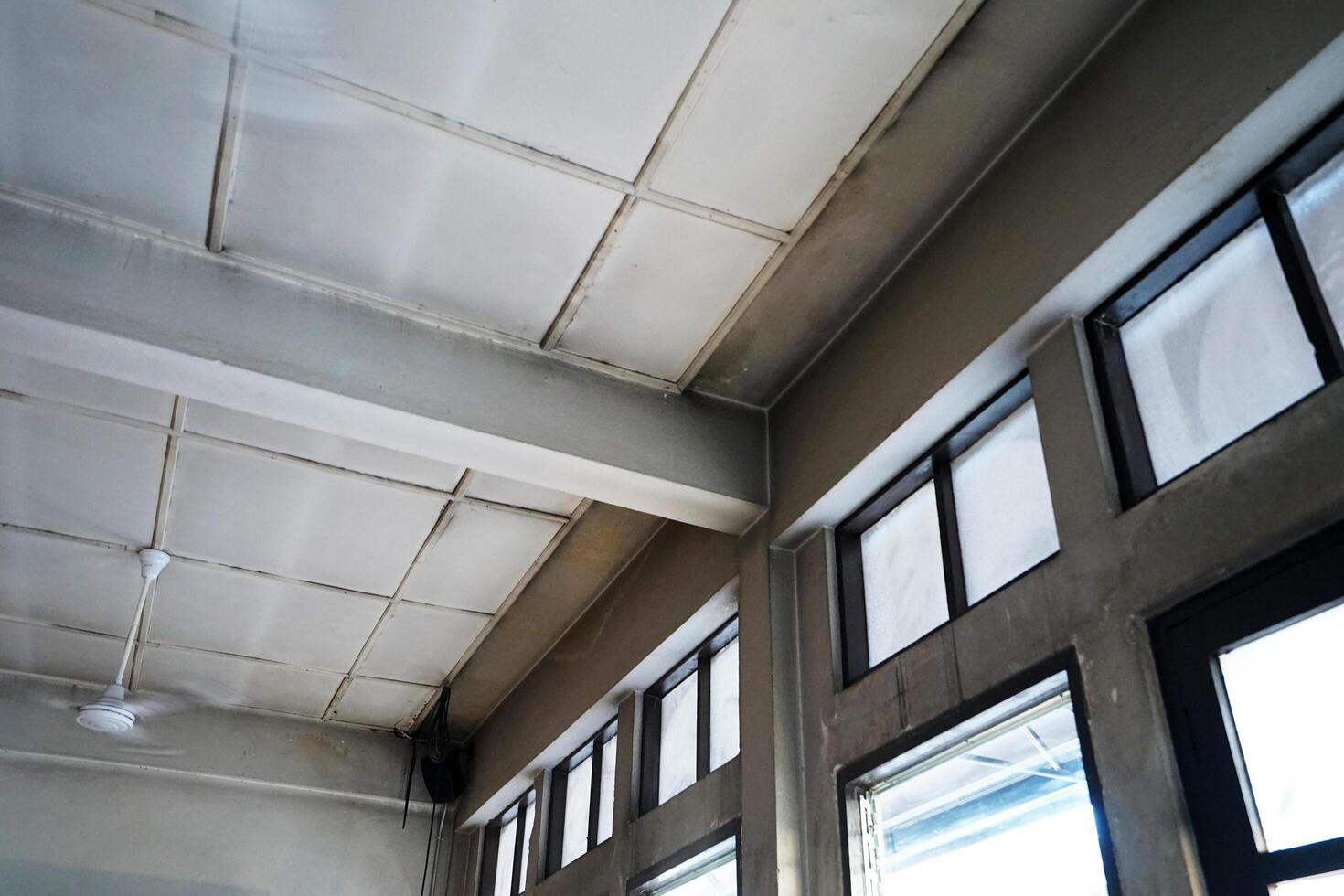 Interior architecture and ceiling design of industrial loft building decorated with modern electric lamps in concrete cement structure photo