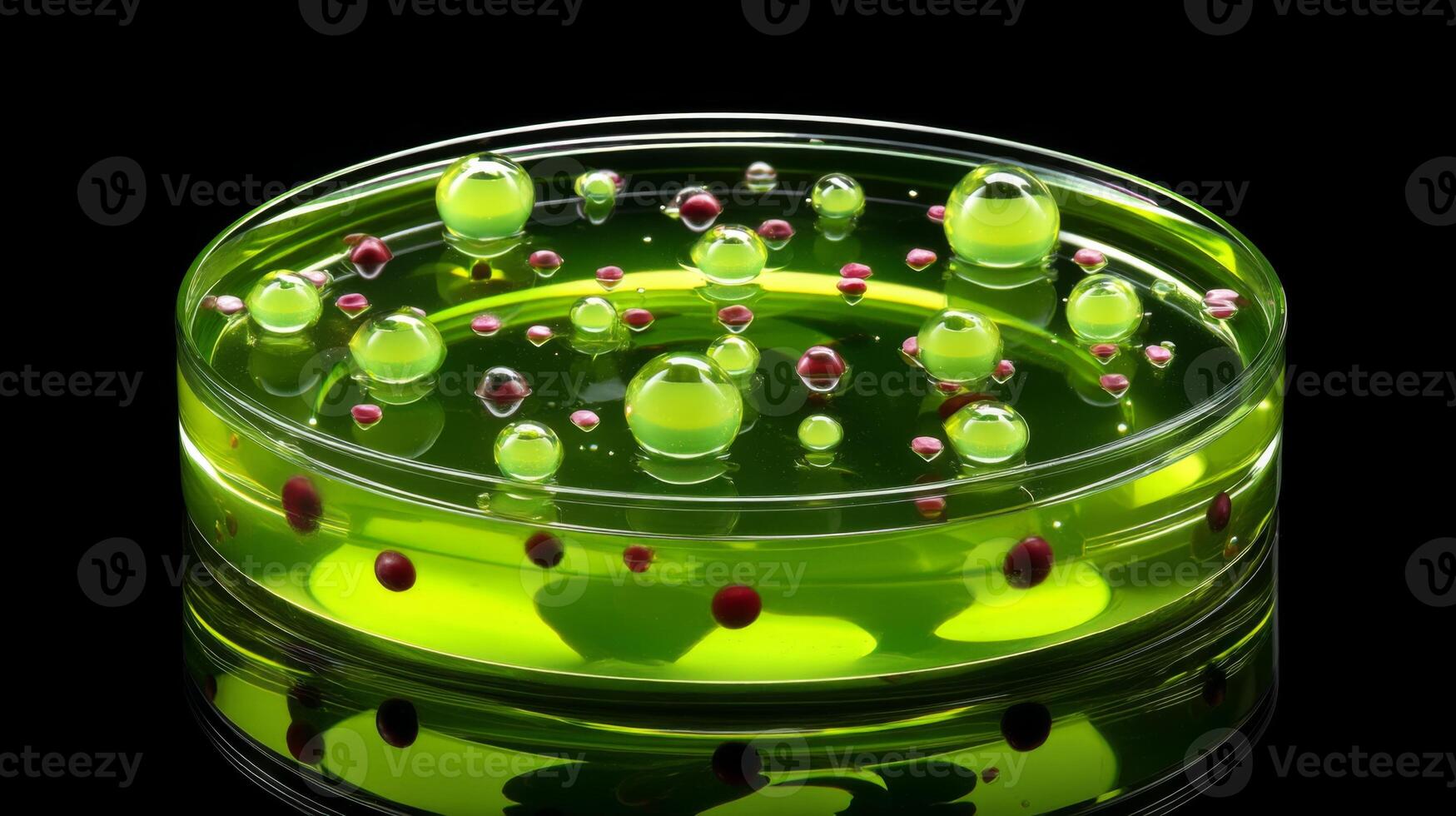 Colorful Liquid Experiment with Bubbles and Floating Spheres in Petri Dish on Dark Background photo