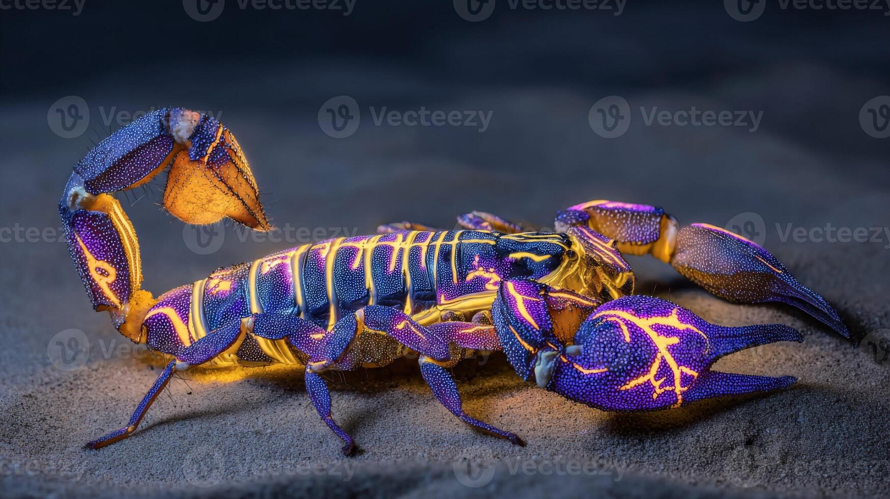 Stunning Close-Up of a Colorful Scorpion Illuminated Against Dark Background with Intricate Details and Rich Textures photo