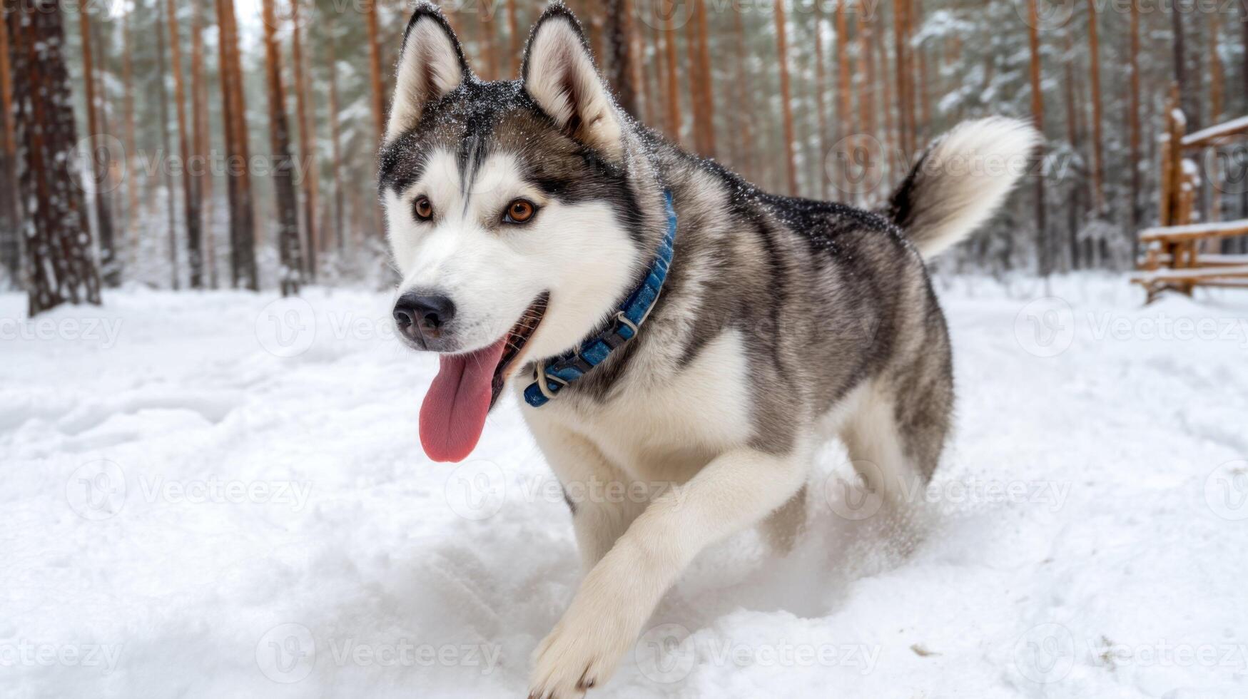 Playful Siberian Husky Dog Running in Winter Forest with Snowy Ground and Tall Pine Trees in Background photo