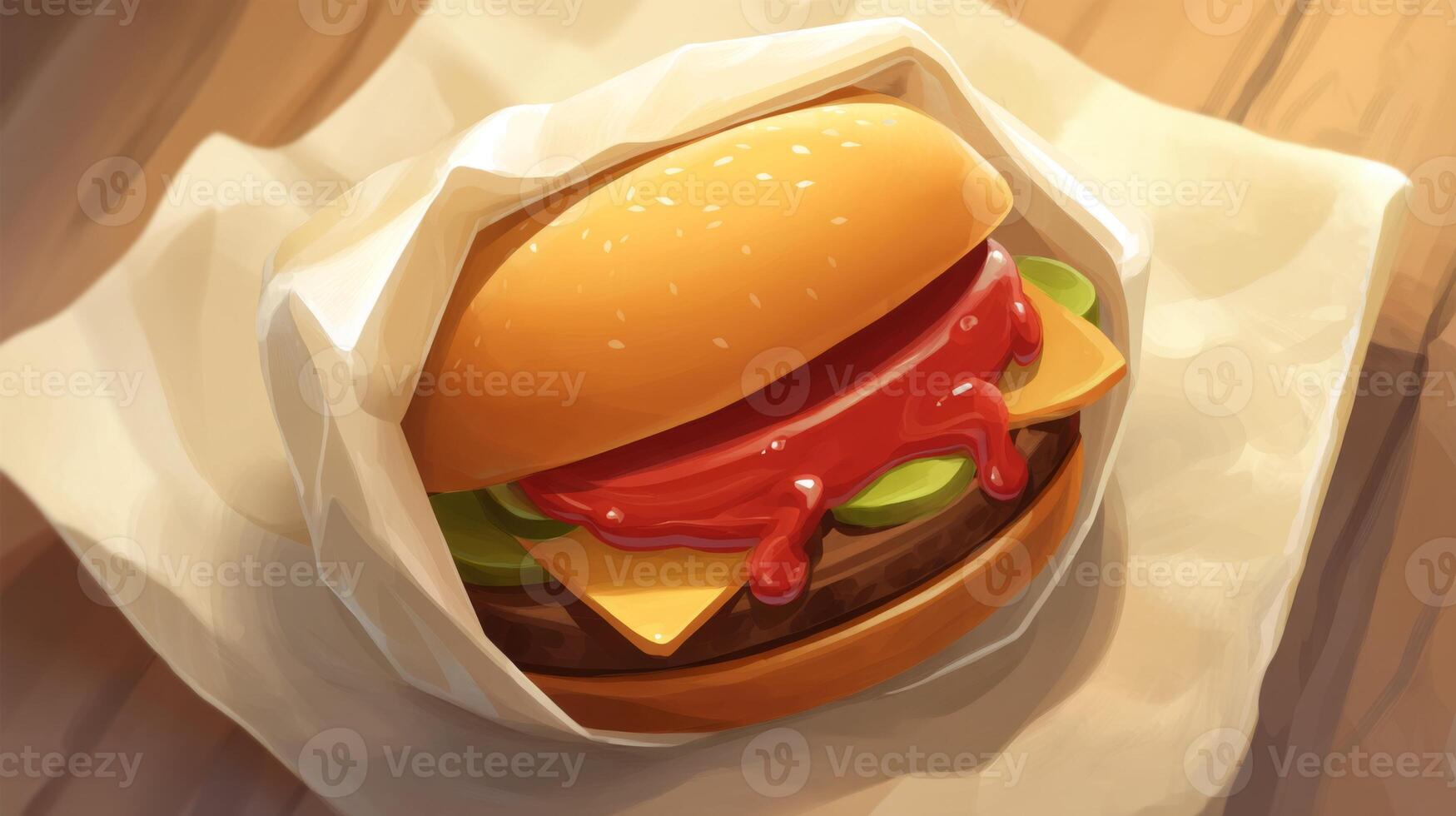 Delicious burger with cheddar cheese, fresh lettuce, tomato slice, and ketchup wrapped in paper on a wooden table surface photo
