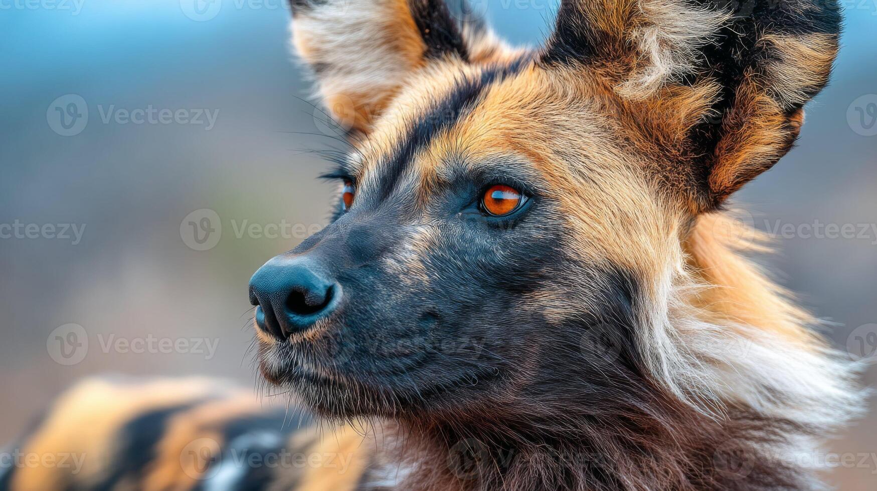 Close-Up of a Wild Dog with Unique Fur Patterns and Striking Eyes in Natural Habitat Setting photo