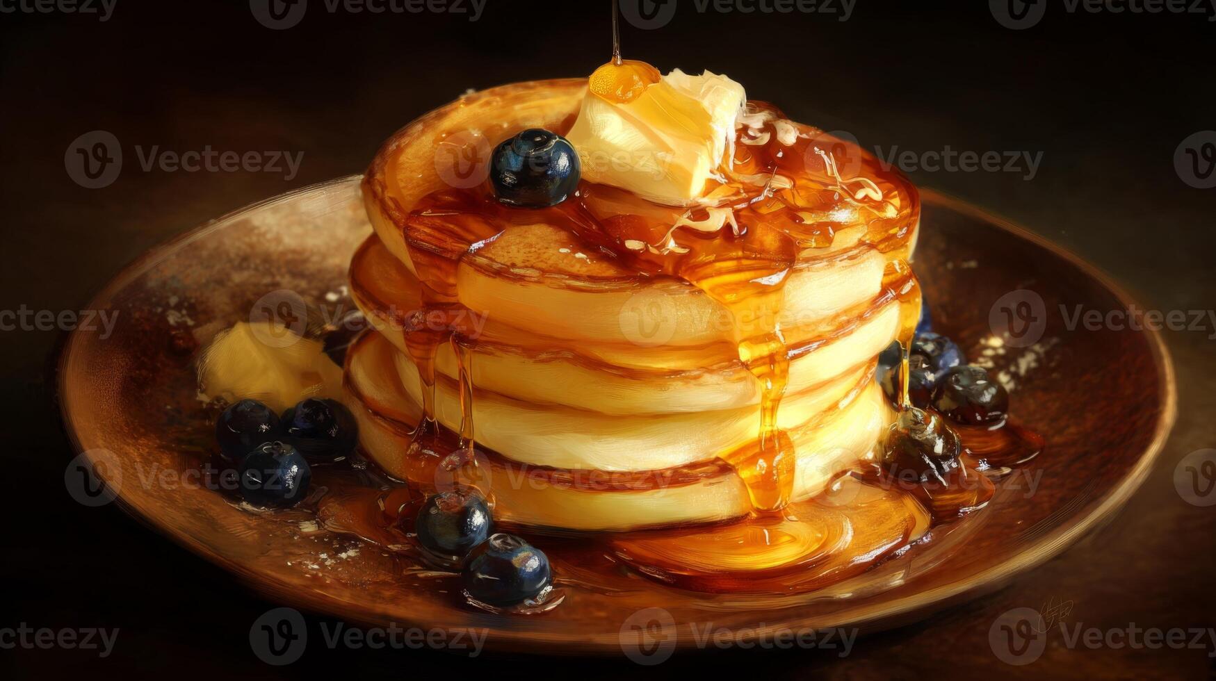 Delicious stack of fluffy pancakes topped with butter, syrup, and fresh blueberries on a rustic wooden table photo