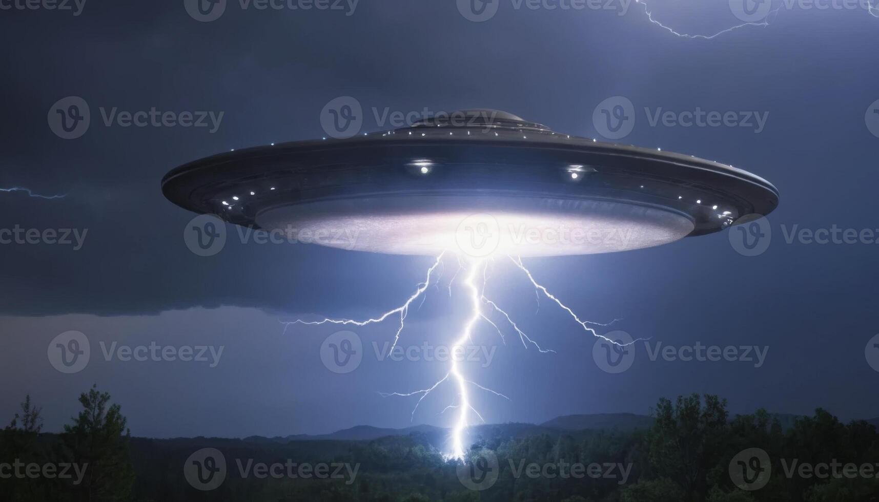 Futuristic Flying Saucer Hovering Over a Dark Forest During a Thunderstorm with Lightning Strikes in the Background photo