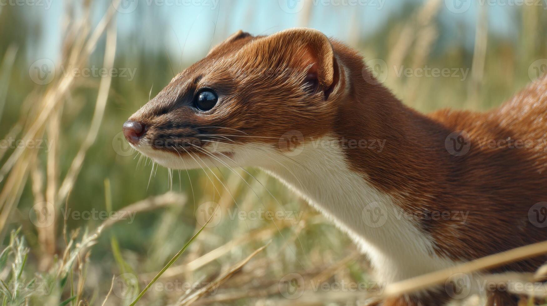 Close-Up of a Wild Weasel in Natural Habitat Surrounded by Green Grass Under Bright Blue Sky with Soft Focus Background photo