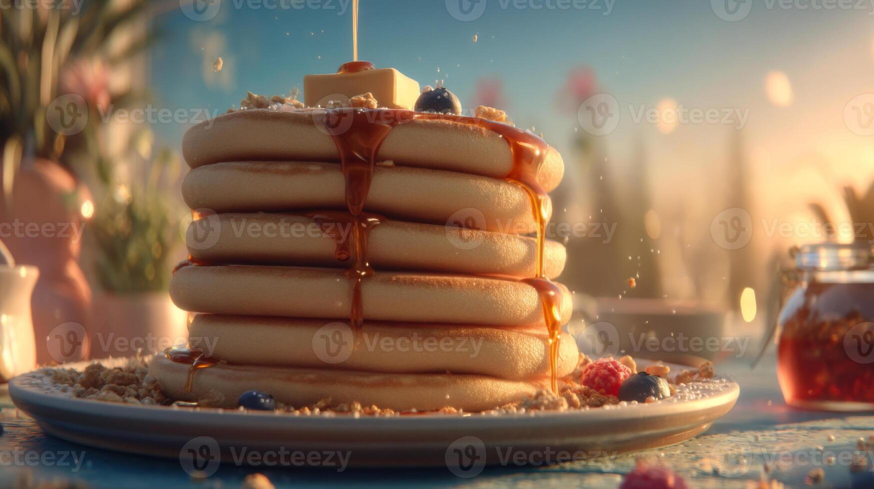 Delicious stack of fluffy pancakes drizzled with syrup and topped with butter and berries on a beautiful breakfast table setting photo