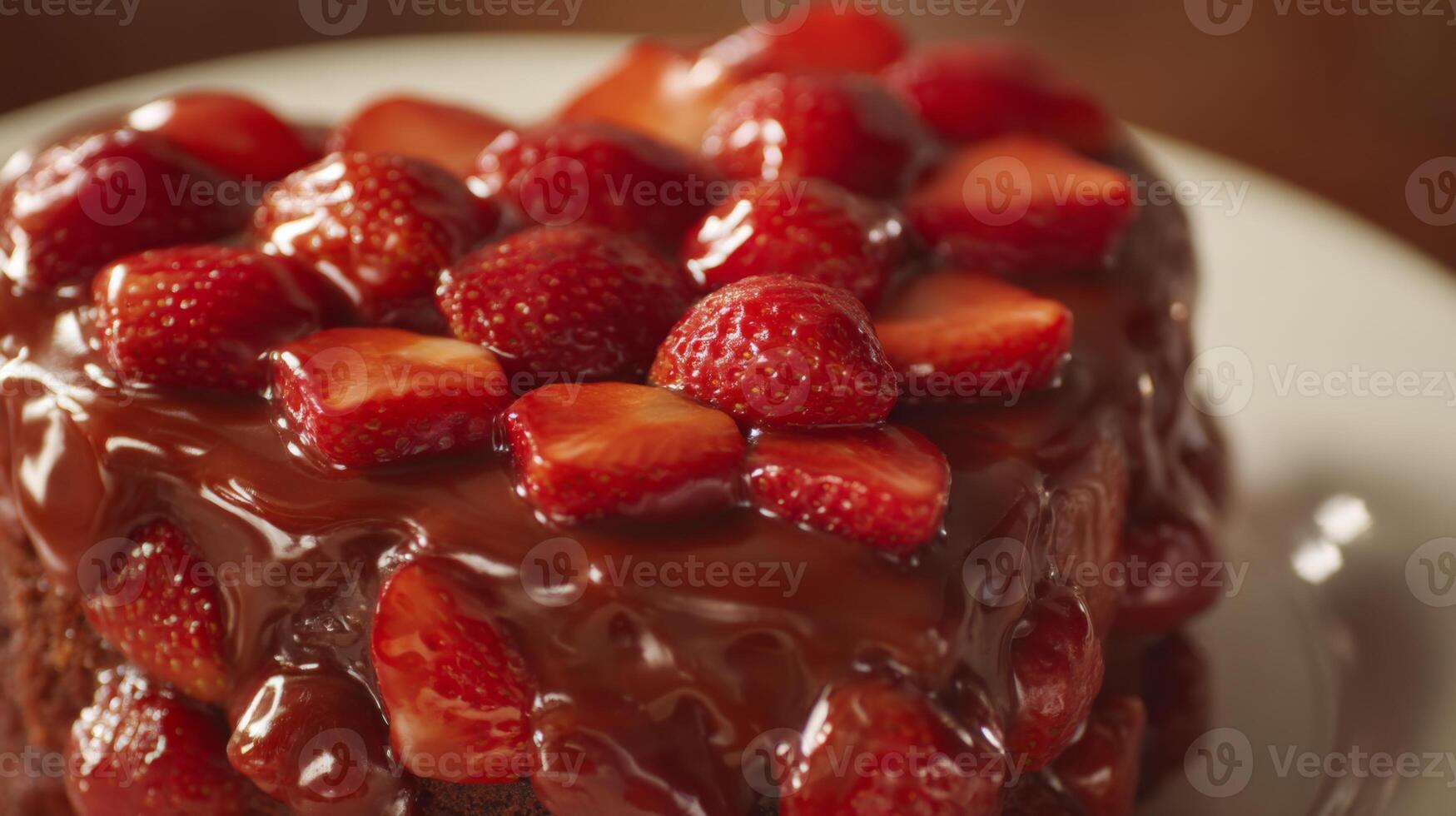 Delightful chocolate cake topped with fresh strawberries and glossy chocolate ganache on a rustic wooden table setting. photo