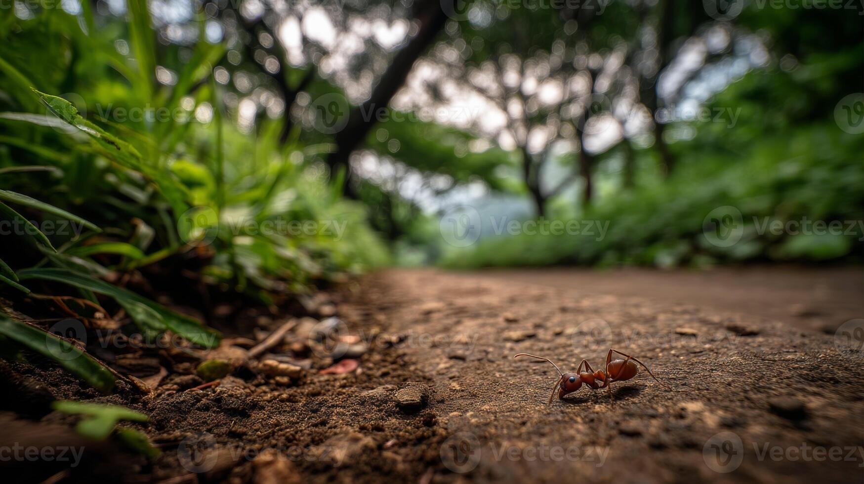 Close-Up of an Ant on a Pathway Surrounded by Greenery in a Natural Habitat Under Soft Morning Light photo