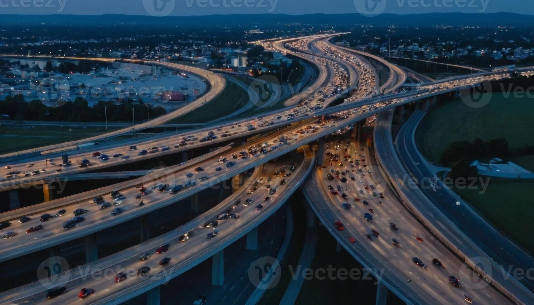 Aerial View of Busy Highway Interchange at Dusk with Flowing Traffic and Illuminated Roads photo
