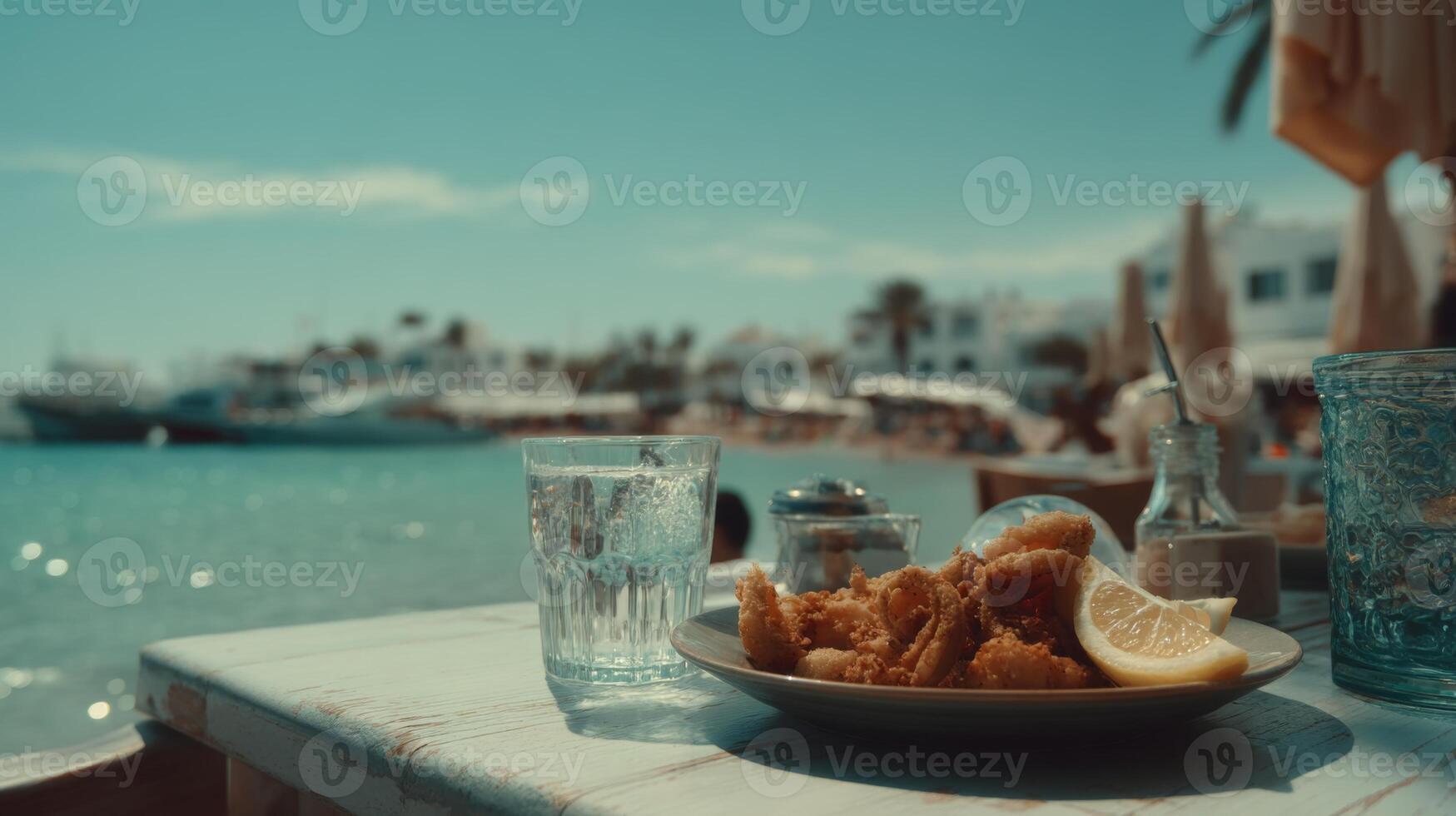 Fresh seafood dish with lemon on a sunny beachside table overlooking a beautiful tranquil ocean and relaxed atmosphere photo