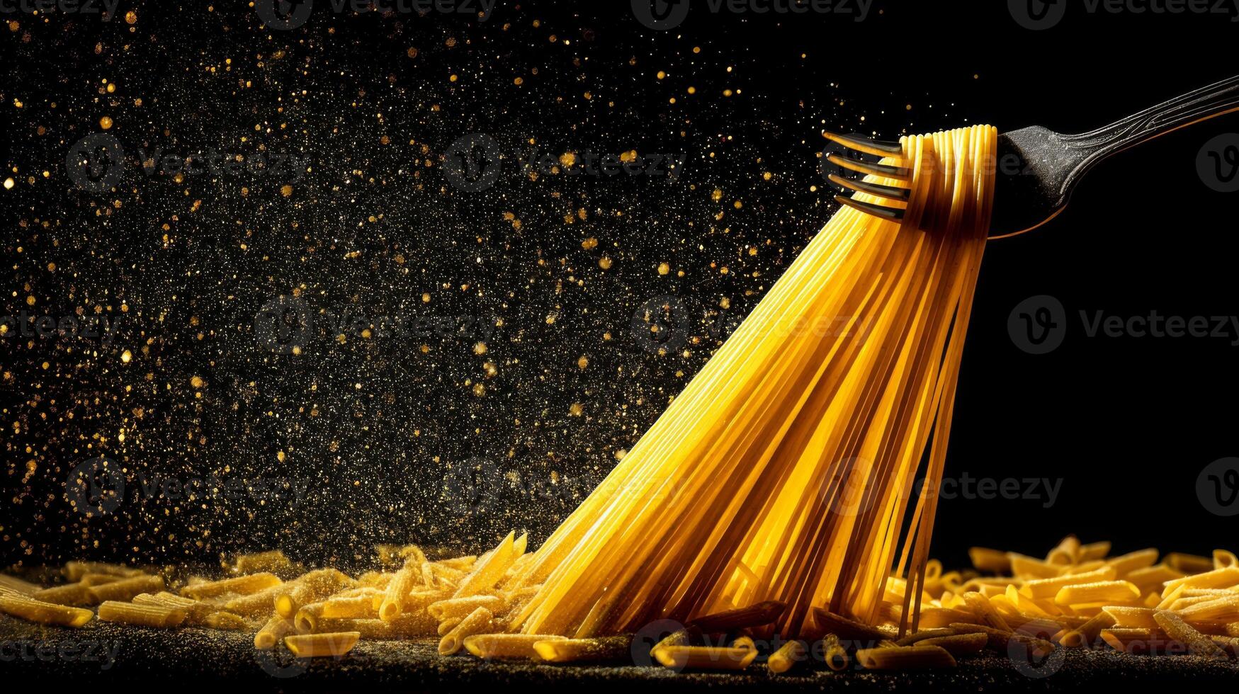 Elegant Fork Lifting Golden Spaghetti with Exquisite Flour Dust on Black Background in Gourmet Culinary Presentation photo