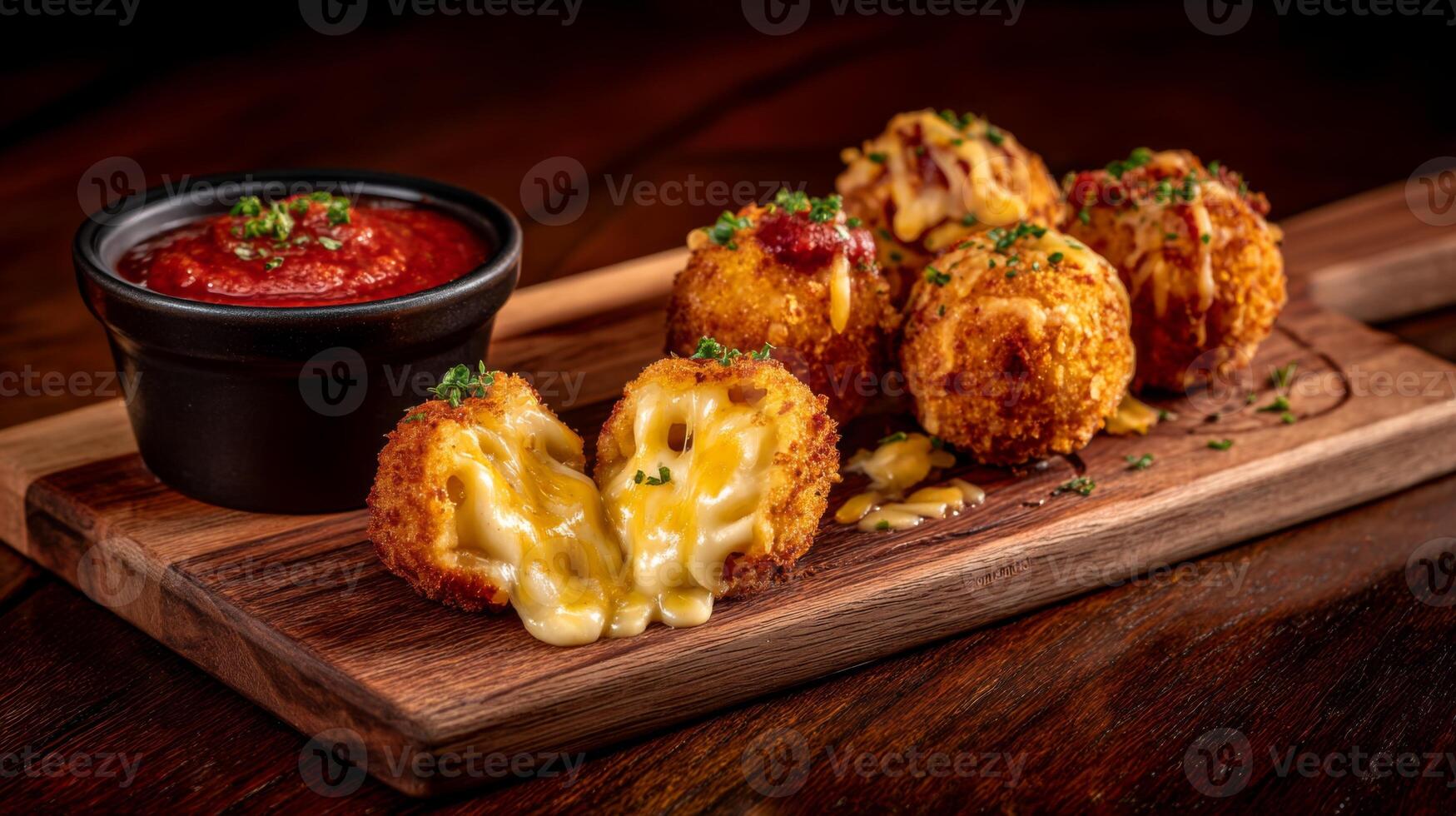 Delicious golden cheese balls with marinara sauce served on a wooden platter in a rustic setting for food photography photo