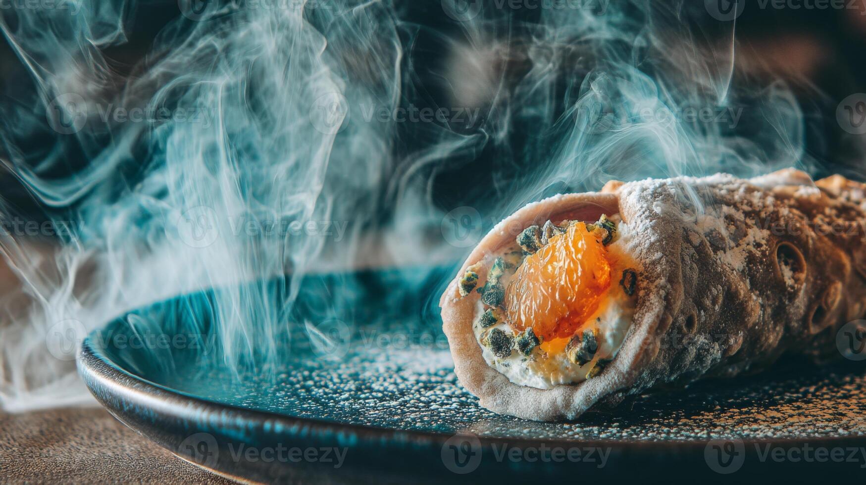 Creamy dessert roll with orange segment topped with powdered sugar and smoke on a dark plate ideal for culinary visuals photo