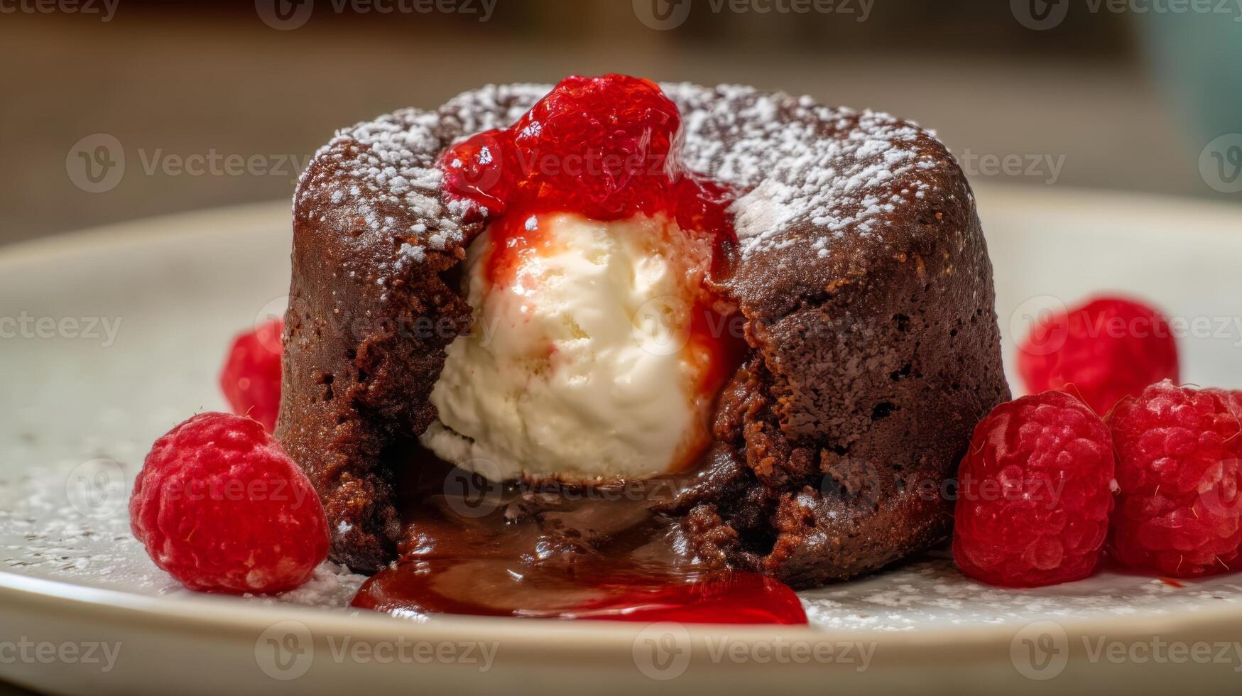 Warm chocolate lava cake with raspberry sauce and ice cream, garnished with fresh raspberries and powdered sugar photo