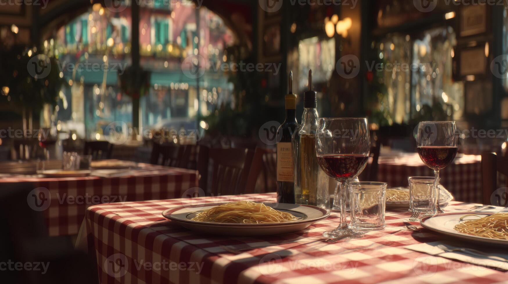 Cozy Italian Restaurant Setting with Red Checkered Tablecloths, Plates of Spaghetti, and Glasses of Red Wine photo