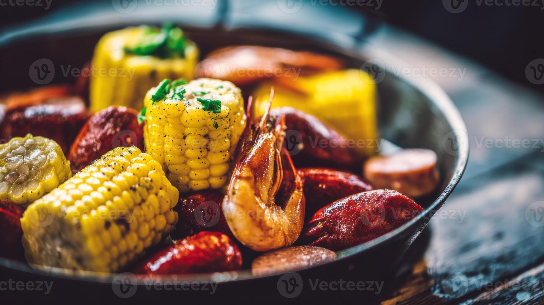 Delicious seafood boil with corn, sausage, and shrimp in a rustic setting on a wooden table photo